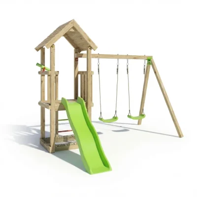 Aire de jeux EASY XPLORER en bois avec toboggan et 2 balançoires